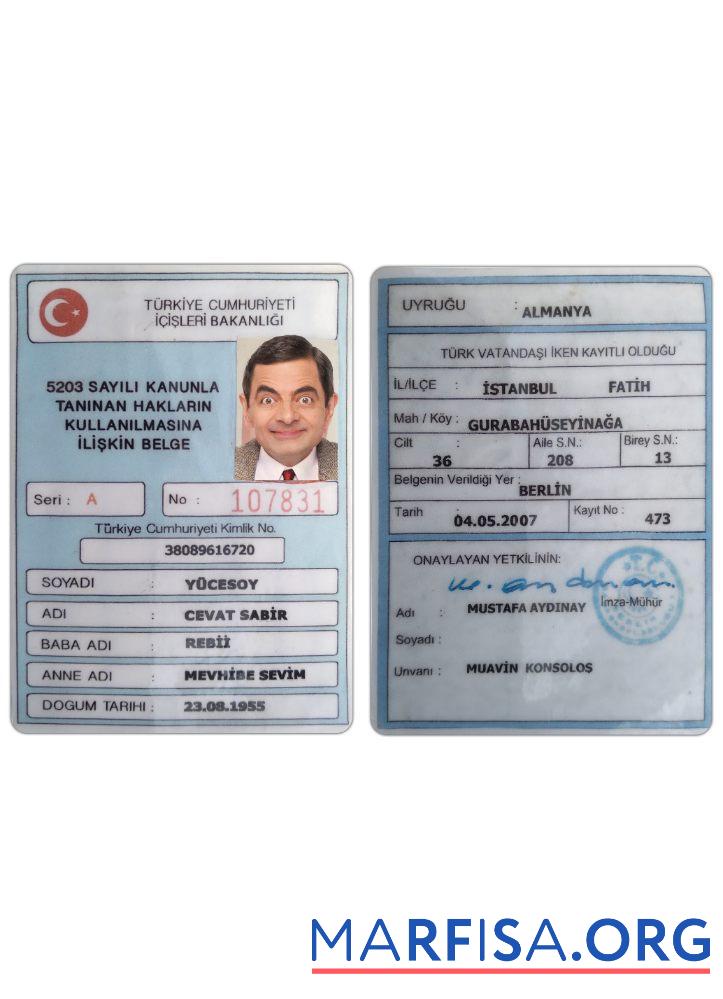 Blank Turkey ministry of internal affairs ID card real example
